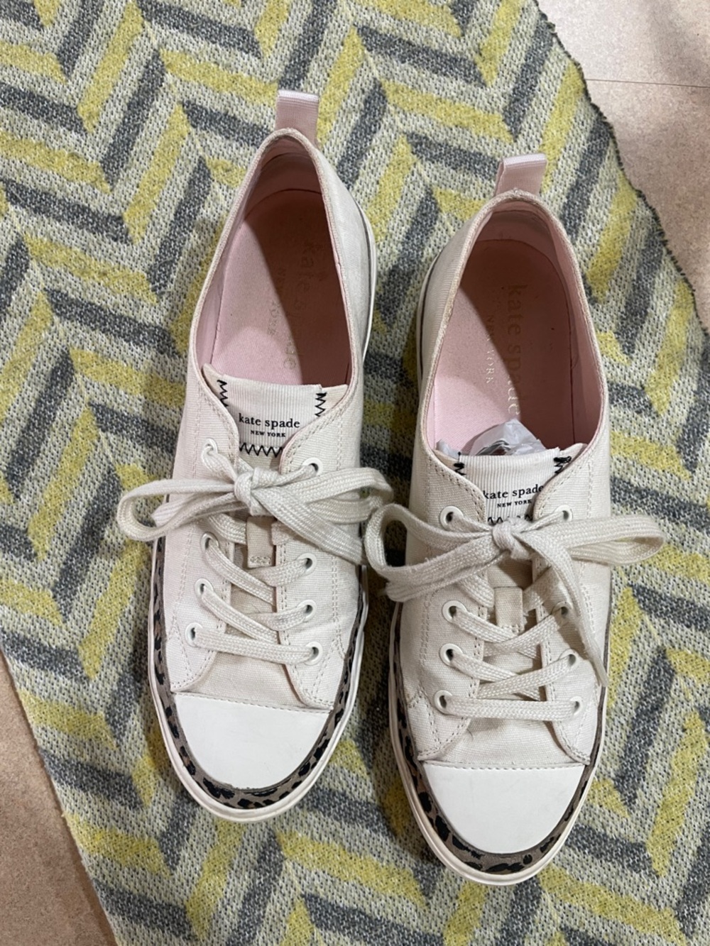 kate spade Cream Canvas Sneakers with Pink Insole and Leopard Trim